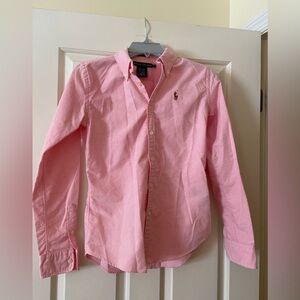 Pink long sleeve button down oxford shirt. Slim fit